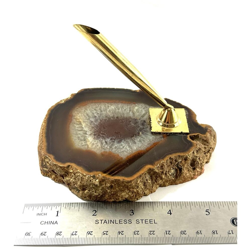Vintage Manuel Russo Agate Slice Desk Pen Holder w/ Gold Tone Pen 5.5” - Picture 5 of 8